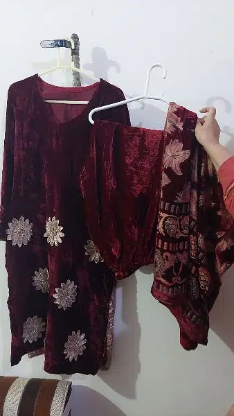 Mehroon velvet dress with Palachi dupatta