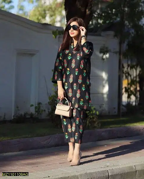 2 PCs Woman stitched linen block printed suit