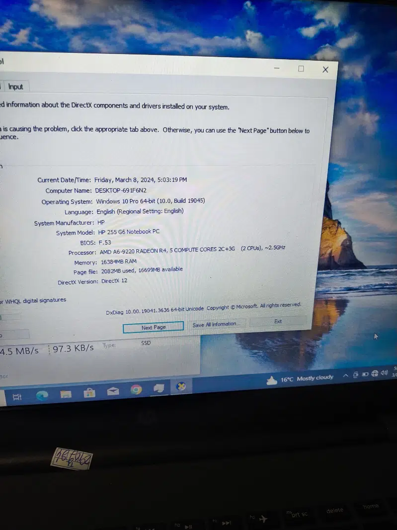 HP G6 16GB RAM 256GB SSD A6 9220 15.6inch HD LED 3 hours battery time