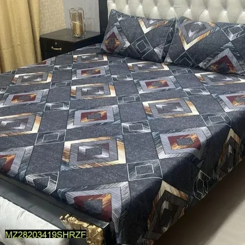 3 pcs Crystal Cotton Printed Double Bed Sheet